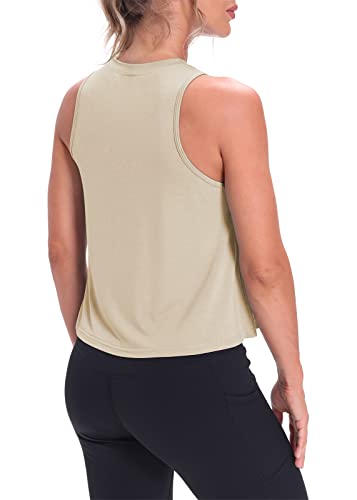 Mippo Cropped Workout Tops for Women Workout Shirts Sleeveless Tank Flowy Loose Crop High Neck Tank Tops Apricot M - Image 3