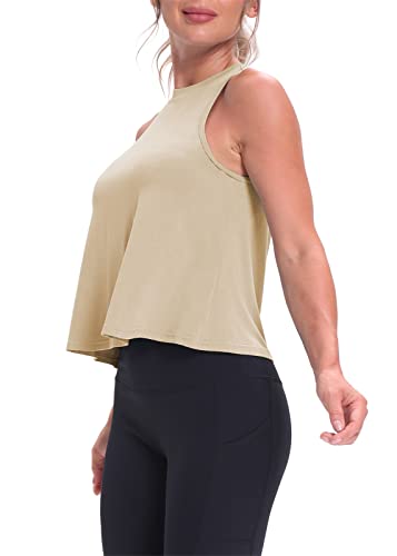 Mippo Cropped Workout Tops for Women Workout Shirts Sleeveless Tank Flowy Loose Crop High Neck Tank Tops Apricot M - Image 4