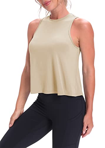 Mippo Cropped Workout Tops for Women Workout Shirts Sleeveless Tank Flowy Loose Crop High Neck Tank Tops Apricot M - Image 5
