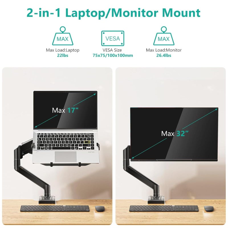WALI Single Arm Laptop and Monitor Desk Mount for 17" Notebook and Single Screen, 2-in-1 Adjustable Gas Spring Monitor Arm with Laptop Tray, VESA 75x75 100x100,Holds 22-26.4 lbs, Black (GSMP001NLP) - Image 2