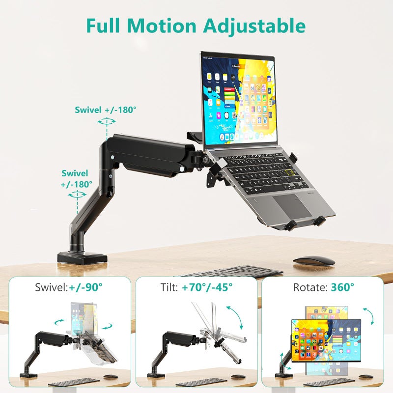 WALI Single Arm Laptop and Monitor Desk Mount for 17" Notebook and Single Screen, 2-in-1 Adjustable Gas Spring Monitor Arm with Laptop Tray, VESA 75x75 100x100,Holds 22-26.4 lbs, Black (GSMP001NLP) - Image 5