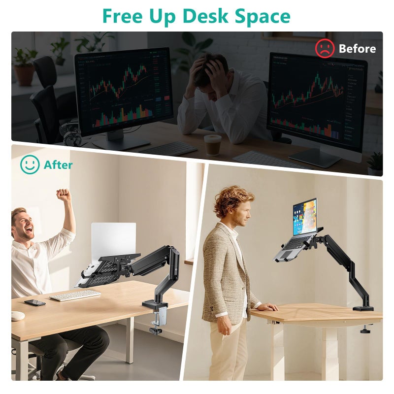 WALI Single Arm Laptop and Monitor Desk Mount for 17" Notebook and Single Screen, 2-in-1 Adjustable Gas Spring Monitor Arm with Laptop Tray, VESA 75x75 100x100,Holds 22-26.4 lbs, Black (GSMP001NLP) - Image 3