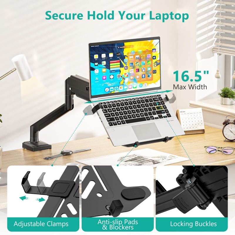 WALI Single Arm Laptop and Monitor Desk Mount for 17" Notebook and Single Screen, 2-in-1 Adjustable Gas Spring Monitor Arm with Laptop Tray, VESA 75x75 100x100,Holds 22-26.4 lbs, Black (GSMP001NLP) - Image 4