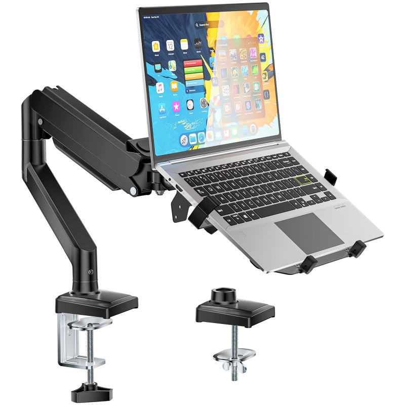 WALI Single Arm Laptop and Monitor Desk Mount for 17" Notebook and Single Screen, 2-in-1 Adjustable Gas Spring Monitor Arm with Laptop Tray, VESA 75x75 100x100,Holds 22-26.4 lbs, Black (GSMP001NLP) - Image 1