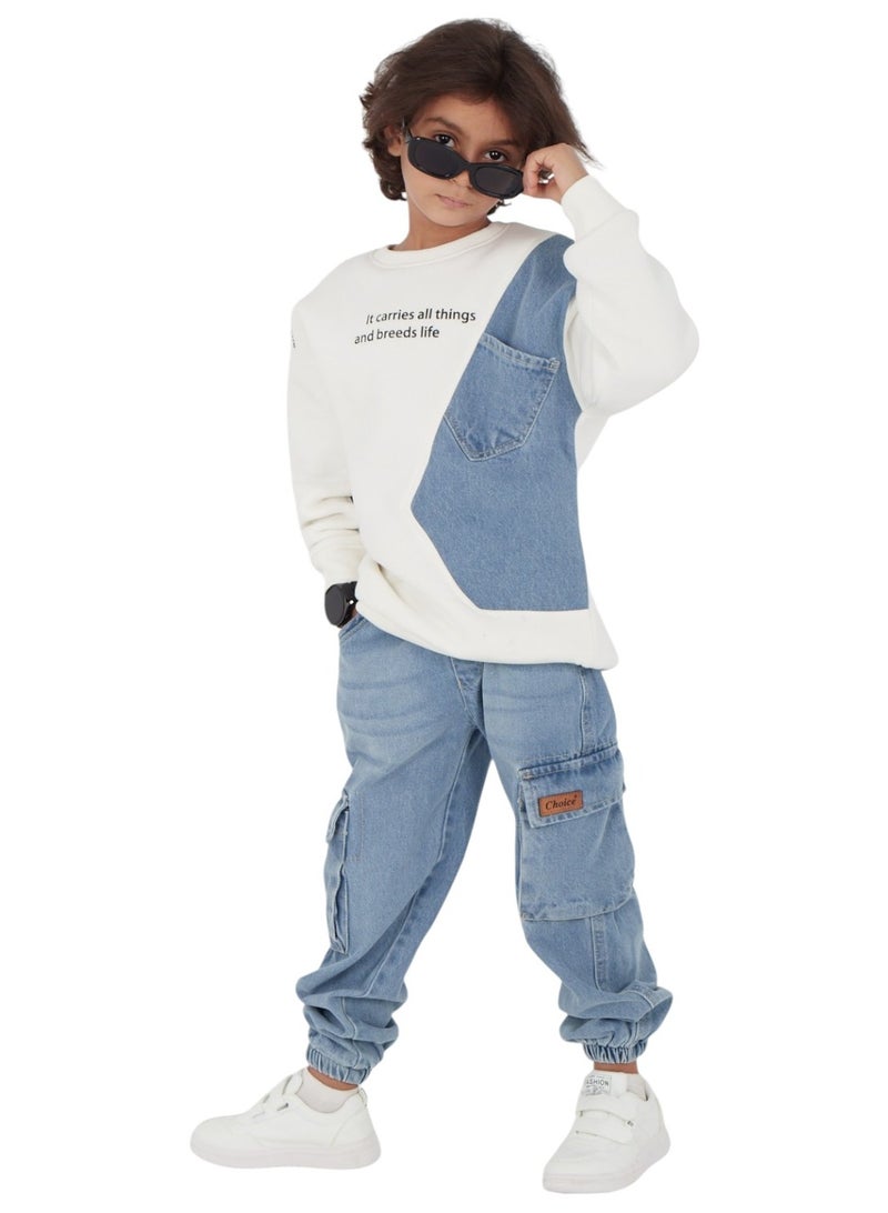 تشويس طقم بيجامة شتوي ولادي "LIFE" جينز - تصميم عصري ومريح  5Y (كود 301) - Image 2