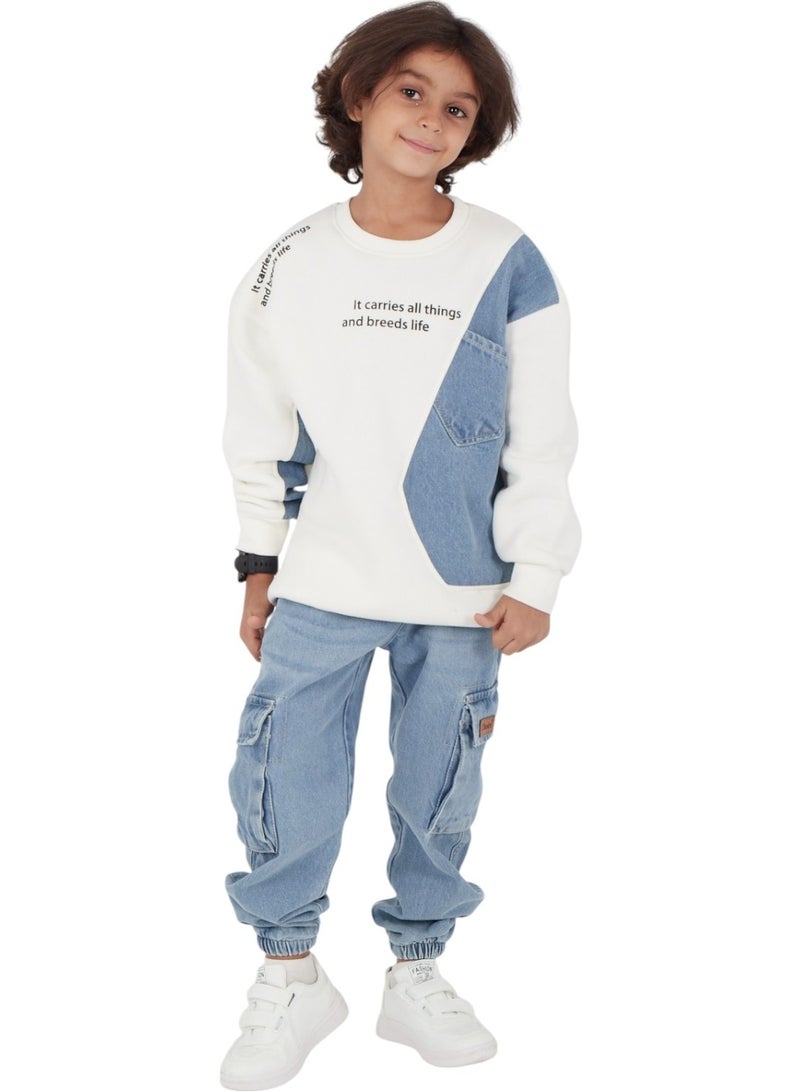 تشويس طقم بيجامة شتوي ولادي "LIFE" جينز - تصميم عصري ومريح  5Y (كود 301) - Image 3