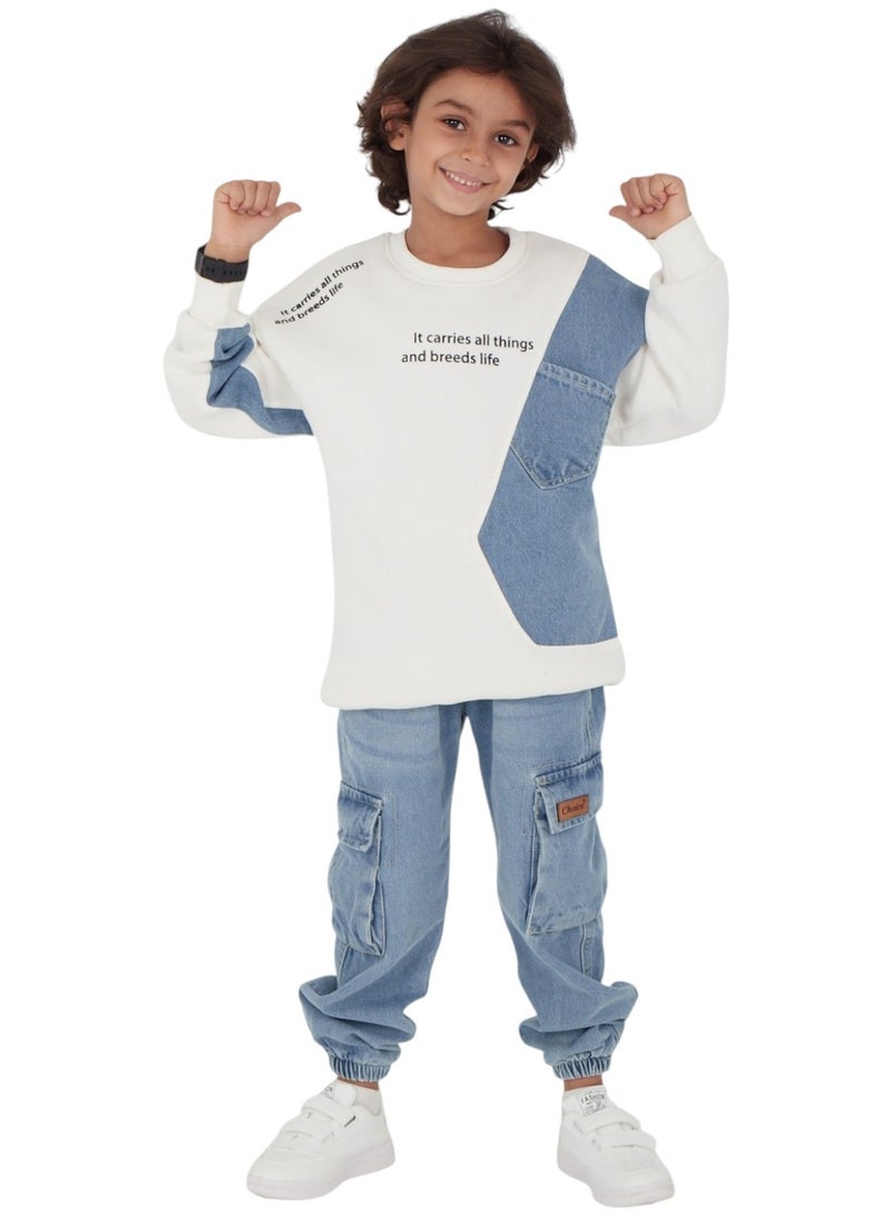 تشويس طقم بيجامة شتوي ولادي "LIFE" جينز - تصميم عصري ومريح  5Y (كود 301) - Image 1