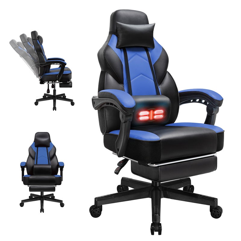 DLwin Gaming Chairs for Adults Computer Chair with Footrest and Ergonomic High Back Big and Tall Gamer Chairs with Massage Lumbar Support 360 Swivel Height Adjustable Gaming Chair Blue