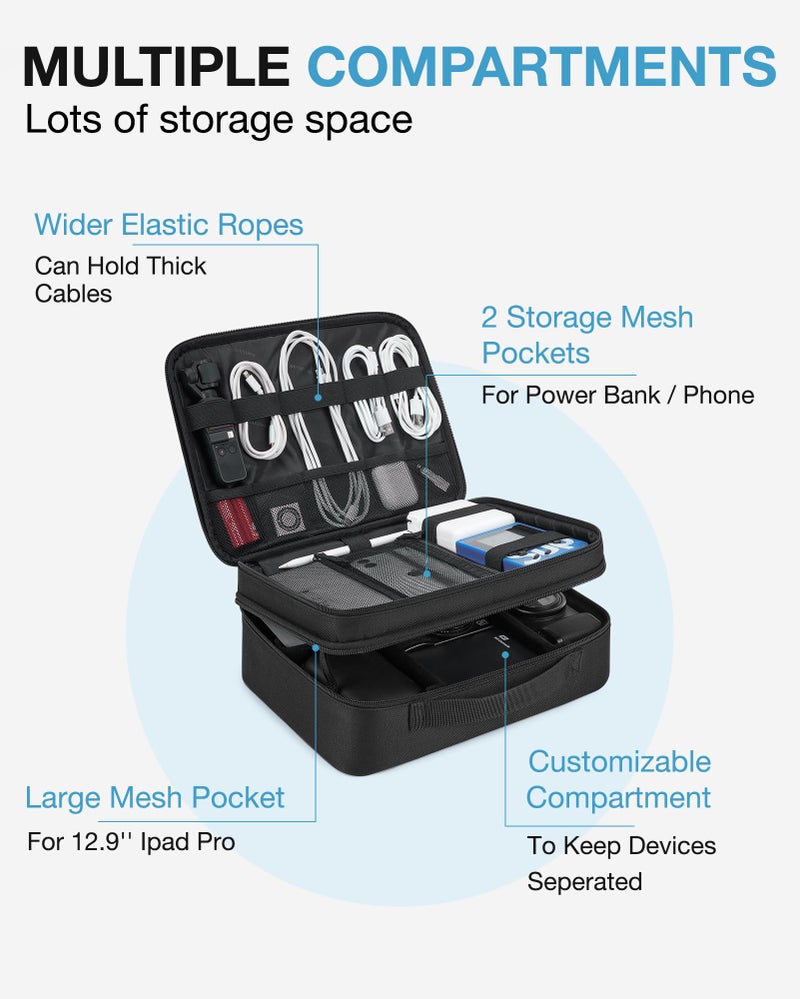 BAGSMART BAGSMART Cable Organizer Bag, Travel Electronics Organizer with Adjustable Divider, Tech Bag Carrying Case, Storage Bag Sturdy Tool Case with Handle for Cellphone Cord Electronics Accessories, Black  - Image 2