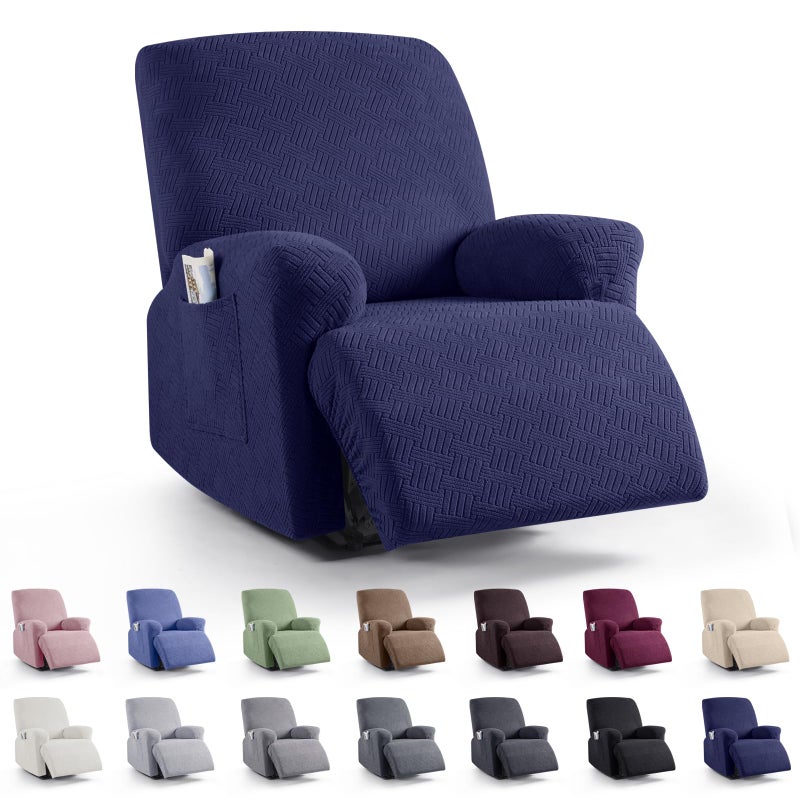 KinCam Recliner Covers Stretch Reclining Chair Covers Recliner Sofa Slipcovers Stripe Jacquard Recliner Couch Covers Furniture Protector Covers for Pet Kid 1 Seater Dark Blue