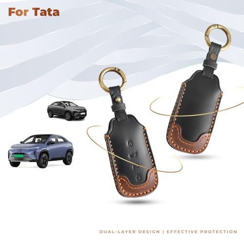 keyzone Dual Leather Car Key Cover for Tata Harrier 2026, Safari 2026, Sierra 2025, Curvv, Curvv EV Smart Key (Black-Brown) - Image 3