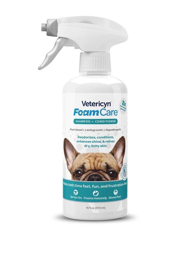 FoamCare Pet Shampoo Plus Conditioner, Spray-on Shampoo for Dogs and Cats, Foams Instantly and Rinses Easier, Natural Ingredient Shampoo, 16-ounce