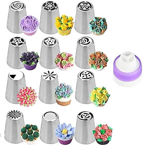 STORE77 12 Russian Nozzles Piping Tips Cake Cupcake Decorating Set with 1 TriColor Coupler Use 3 Colors at Once Great Baking Gift - Image 1