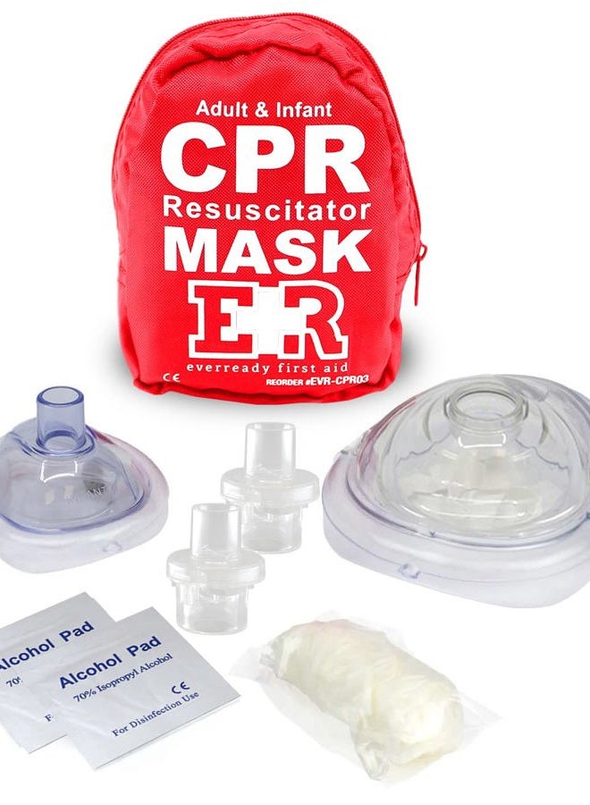Ever Ready First Aid Adult and Infant CPR Mask Combo Kit with 2 Valves with Pair of Vinyl Gloves & 2 Alcohol Prep Pads - Red - Image 1