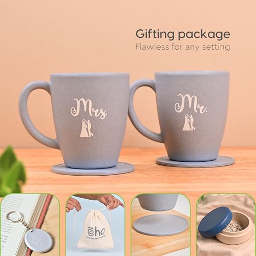 Eha Earth-Friendly Mr & Mrs Classic Coffee Mugs for Couple with Jewellery Box | Made with Rice Husk| Best Wedding Gift | Gifts for Couple| Set of 2 | 300 ml | Coffee Mug |Azure - Image 4
