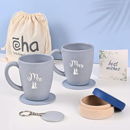 Eha Earth-Friendly Mr & Mrs Classic Coffee Mugs for Couple with Jewellery Box | Made with Rice Husk| Best Wedding Gift | Gifts for Couple| Set of 2 | 300 ml | Coffee Mug |Azure - Image 1