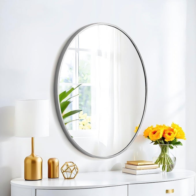 SCWFGZ 20X30 OVAL MIRROR ROUND FULL LENGTH WALL MOUNTED HANGING OR AGAINST WALL METAL FRAME DRESSING MAKEUP MIRRORS FOR ENTRYWAY BEDROOM BATHROOM LIVING ROOM 30 20 INCH SILVER