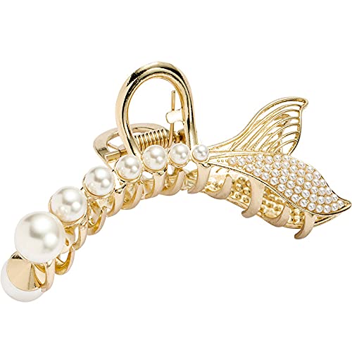 NGEL Pearl Fish Tail Long Claw Clips, Hair Catch Barrettes, Large Hair Clips For Thick Hair, Women's Hair Accessories(Pack Of 1), White - Image 2