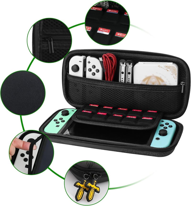 GLDRAM Theme for Zelda Travel Carrying Case for Nintendo Switch & Switch OLED Model, Portable Accessories Kit with Switch OLED Protector Case, 12 Slots Game Card Case, 2 Thumb Grips and Wrist Strap - Image 2