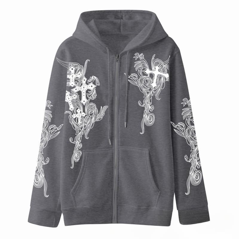 Obenie Women Men Y2K Zip Up Oversized Hoodie Gothic cross Graphic Emo Grunge Baggy Fleece Jacket 90s Punk Streetwear (white,M,Medium) - Image 4