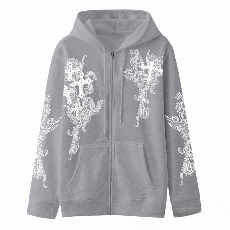 Obenie Women Men Y2K Zip Up Oversized Hoodie Gothic cross Graphic Emo Grunge Baggy Fleece Jacket 90s Punk Streetwear (white,M,Medium) - Image 5
