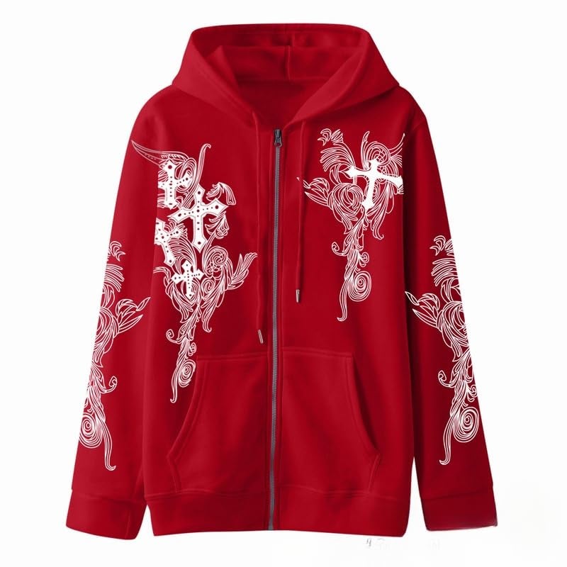 Obenie Women Men Y2K Zip Up Oversized Hoodie Gothic cross Graphic Emo Grunge Baggy Fleece Jacket 90s Punk Streetwear (white,M,Medium) - Image 2