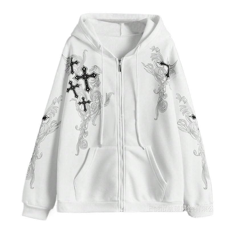 Obenie Women Men Y2K Zip Up Oversized Hoodie Gothic cross Graphic Emo Grunge Baggy Fleece Jacket 90s Punk Streetwear (white,M,Medium) - Image 1