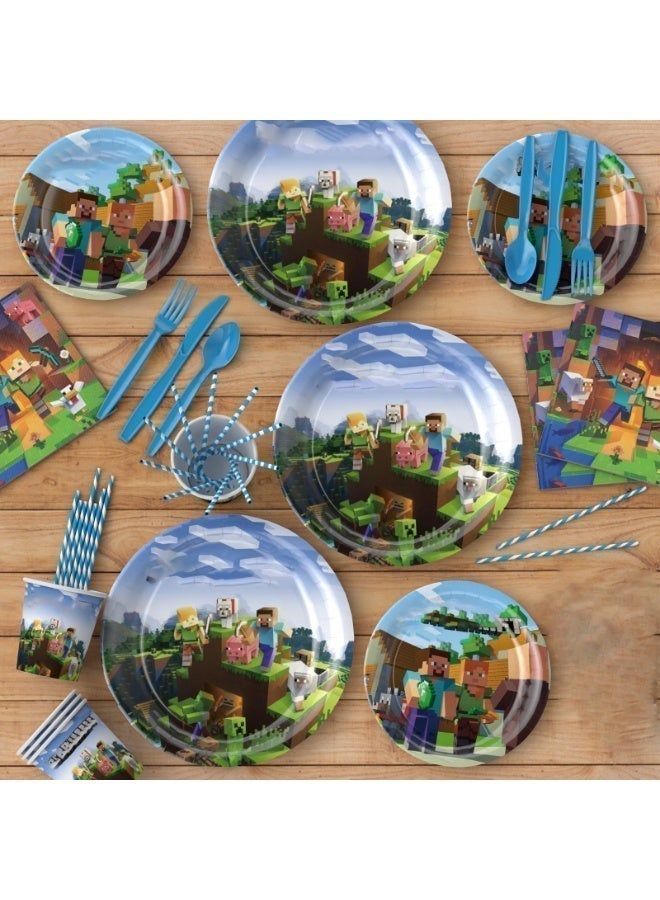 MINE-CRAFT PARTY DECORATION 212-Piece MINE-CRAFT Themed Birthday Party decoration set Kit for 24 Guests - Includes Banner, Big and dessert Plates, Napkins, Cups & Tableware Set (knife, spoon, fork, straw), decorative table cover for Kids - Image 1