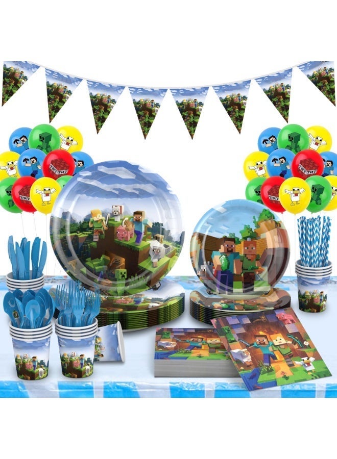 MINE-CRAFT PARTY DECORATION 212-Piece MINE-CRAFT Themed Birthday Party decoration set Kit for 24 Guests - Includes Banner, Big and dessert Plates, Napkins, Cups & Tableware Set (knife, spoon, fork, straw), decorative table cover for Kids - Image 4