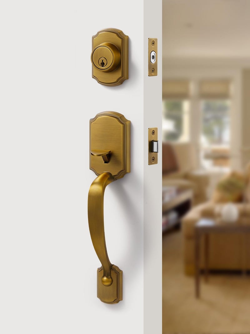 SORWDUERM 1 Pack Antique Brass Front Door Handle and Deadbolt Set Reversible Lever Entry Handleset with Lock and Key Single Cylinder - Image 2