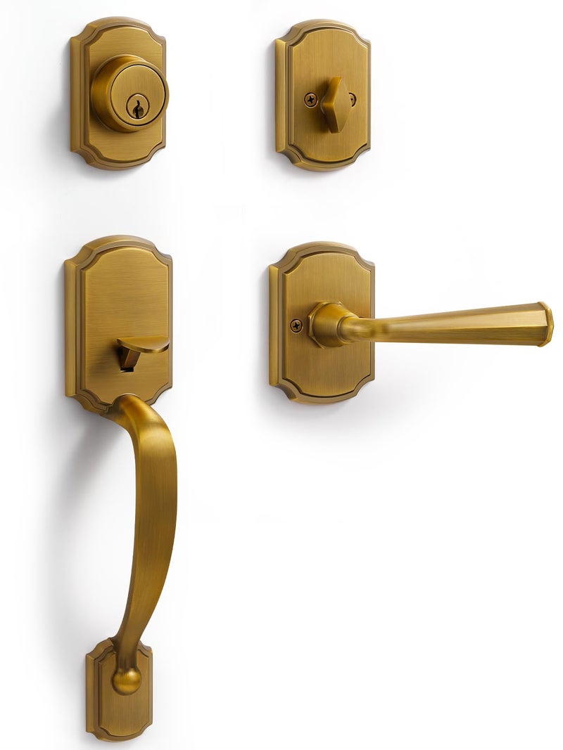 SORWDUERM 1 Pack Antique Brass Front Door Handle and Deadbolt Set Reversible Lever Entry Handleset with Lock and Key Single Cylinder - Image 1