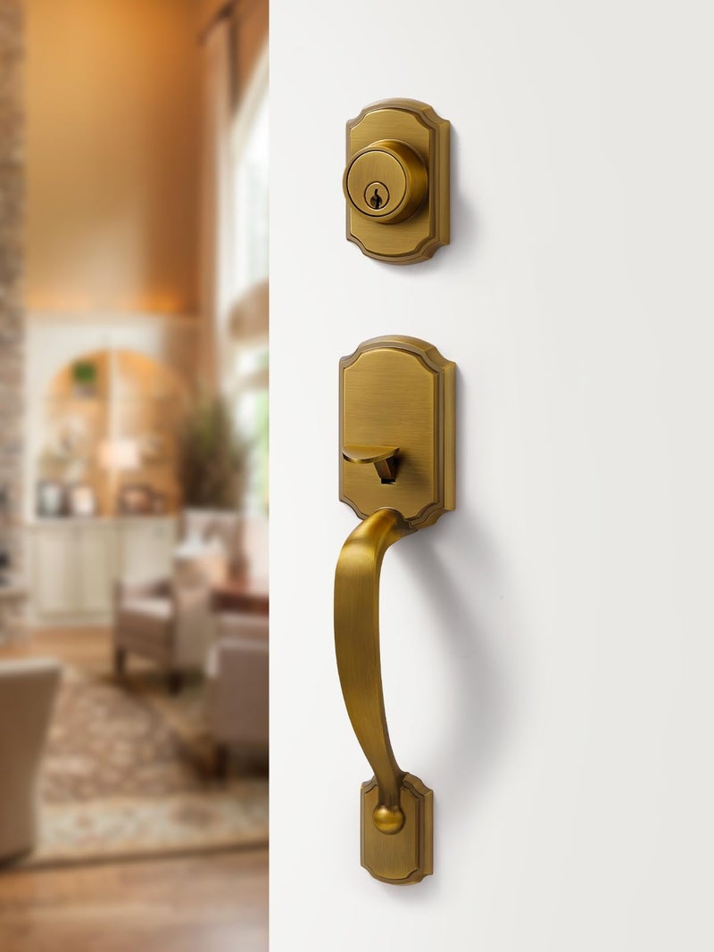 SORWDUERM 1 Pack Antique Brass Front Door Handle and Deadbolt Set Reversible Lever Entry Handleset with Lock and Key Single Cylinder - Image 3