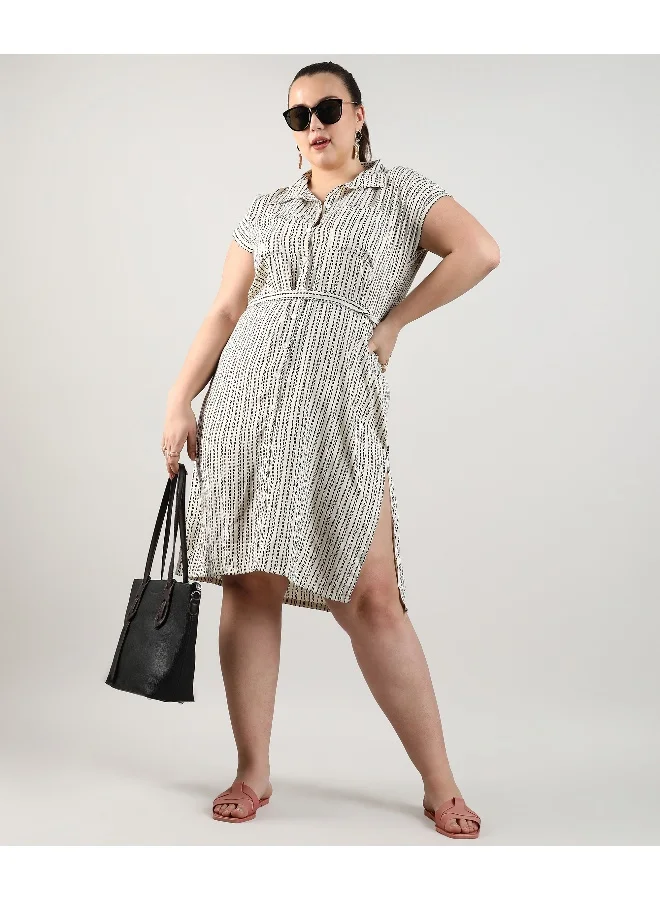 Instafab Plus Women's Ivory White Chalk Striped Shirt Dress For Casual Wear | Spread Collar | Short Sleeve | Button Closure | Plus-Size Dress Crafted With Comfort With For Everyday Wear
