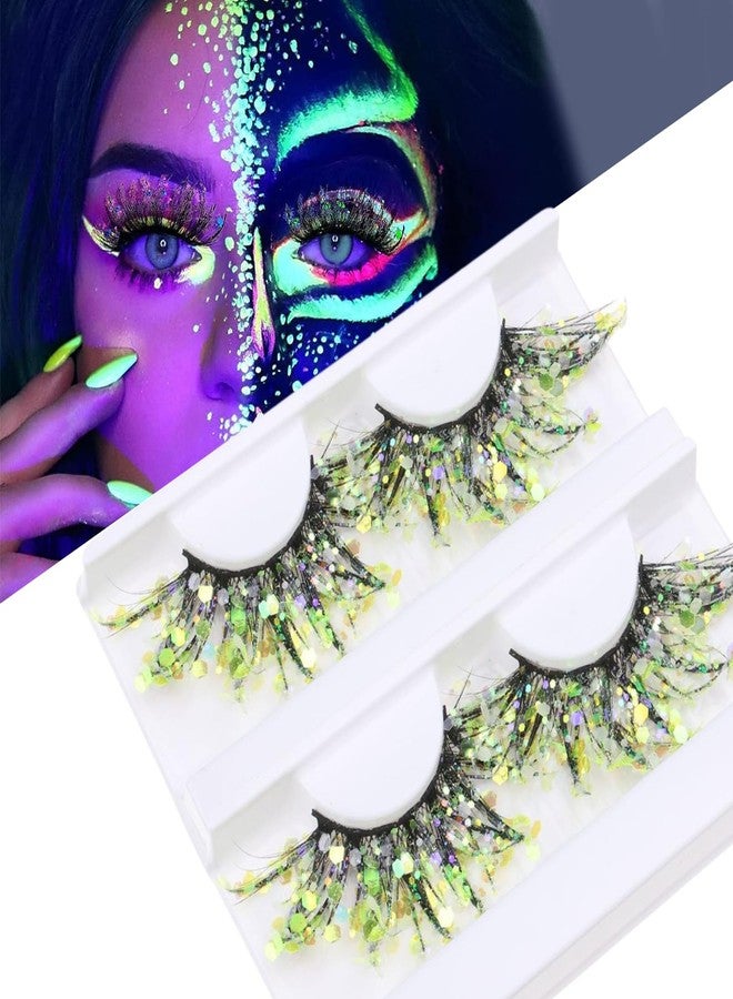 beyonday 2 Pairs Luminous Green Glitter Lashes 3D Colored Cosplay Anime Eyelash with Sequins, 25mm Dramatic Exaggerated Sparkle Lashes for Halloween Masquerade New Year Party Stage Makeup