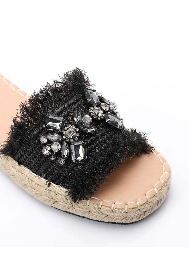 DejaVu Crystal Fringe Espadrille Slide - Black - Image 4