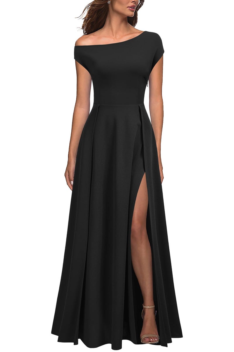 MUSHARE Women's One Shoulder Formal Dress Sexy Split Party Long Cocktail Dresses Black - Image 1