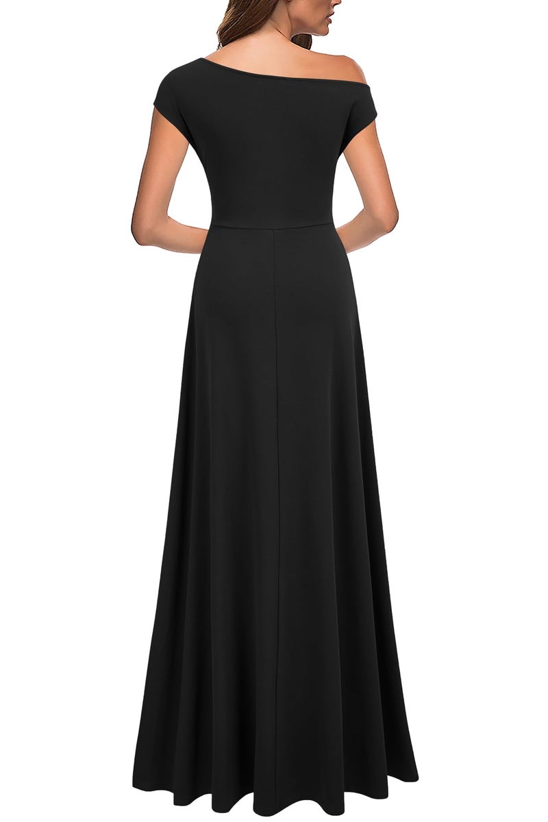 MUSHARE Women's One Shoulder Formal Dress Sexy Split Party Long Cocktail Dresses Black - Image 2