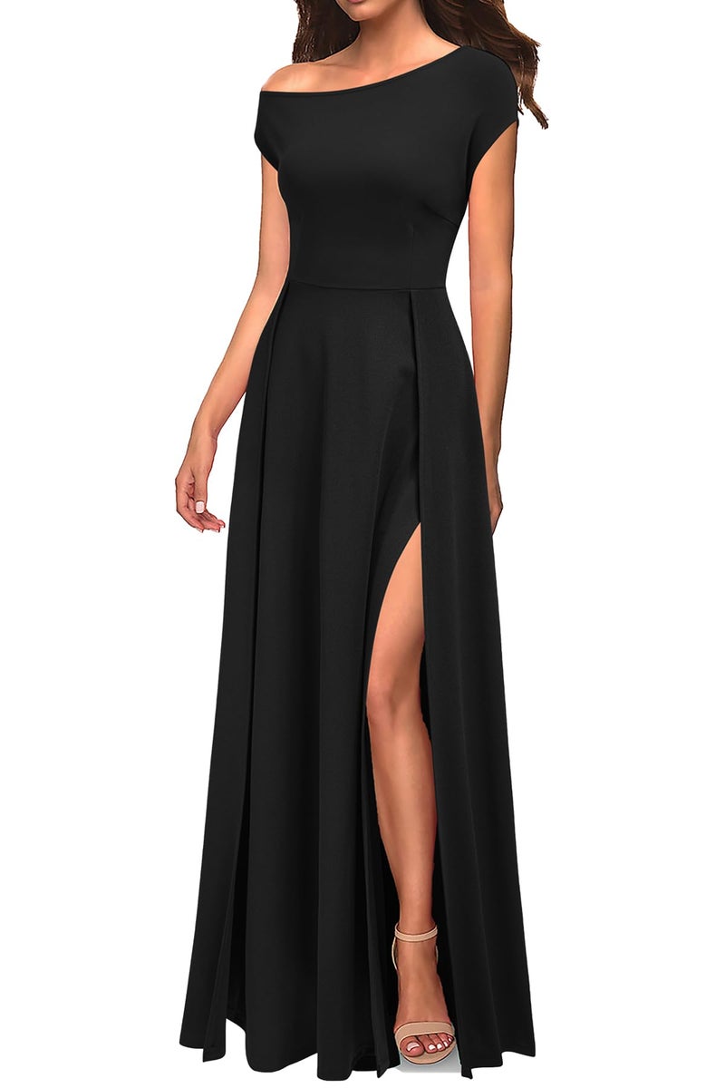 MUSHARE Women's One Shoulder Formal Dress Sexy Split Party Long Cocktail Dresses Black - Image 3