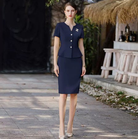 Summer Short Sleeve Chic Womens Waist-Cinching Suit Skirt SetNavy blue top + skirt Navy blue top + skirt 