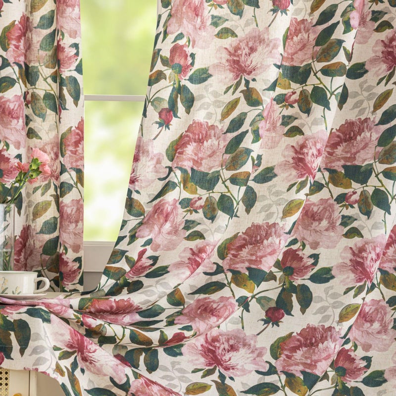 ALIGOGO Pink Vintage Floral Curtains for Living Room 84 Inch Length, French Country Peony Linen Patterned Curtains, Farmhouse Botanical Drapes Semi Blackout Window Curtain Panels, 1 Pair W50 x L84 - Image 1