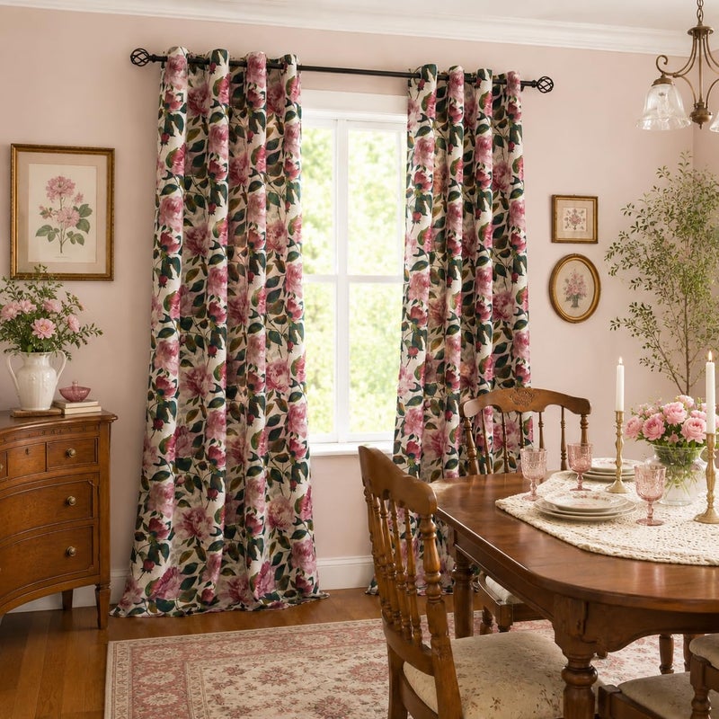 ALIGOGO Pink Vintage Floral Curtains for Living Room 84 Inch Length, French Country Peony Linen Patterned Curtains, Farmhouse Botanical Drapes Semi Blackout Window Curtain Panels, 1 Pair W50 x L84 - Image 5