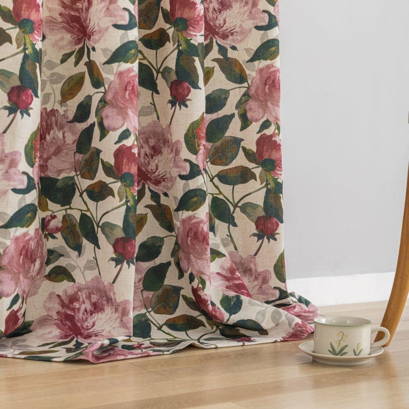 ALIGOGO Pink Vintage Floral Curtains for Living Room 84 Inch Length, French Country Peony Linen Patterned Curtains, Farmhouse Botanical Drapes Semi Blackout Window Curtain Panels, 1 Pair W50 x L84 - Image 4