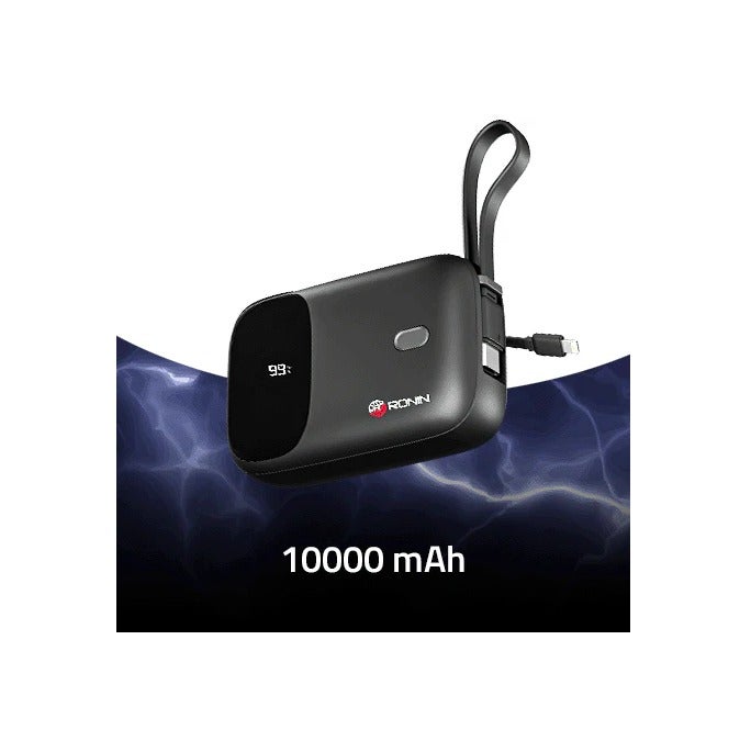 رونين باور بانك رونين نيوترون R-4030 سعة 10000 مللي أمبير - كابلات Type-C و Lightning مدمجة - شحن سريع 22.5 واط - تقنية PD - شاشة رقمية - نحيف وخفيف - للايفون والاندرويد والسماعات - أسود - Image 4