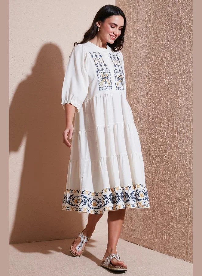 Lela Lela Cotton Embroidered Regular Fit Three Quarter Sleeve Midi Length Dress Women's DRESS 676216