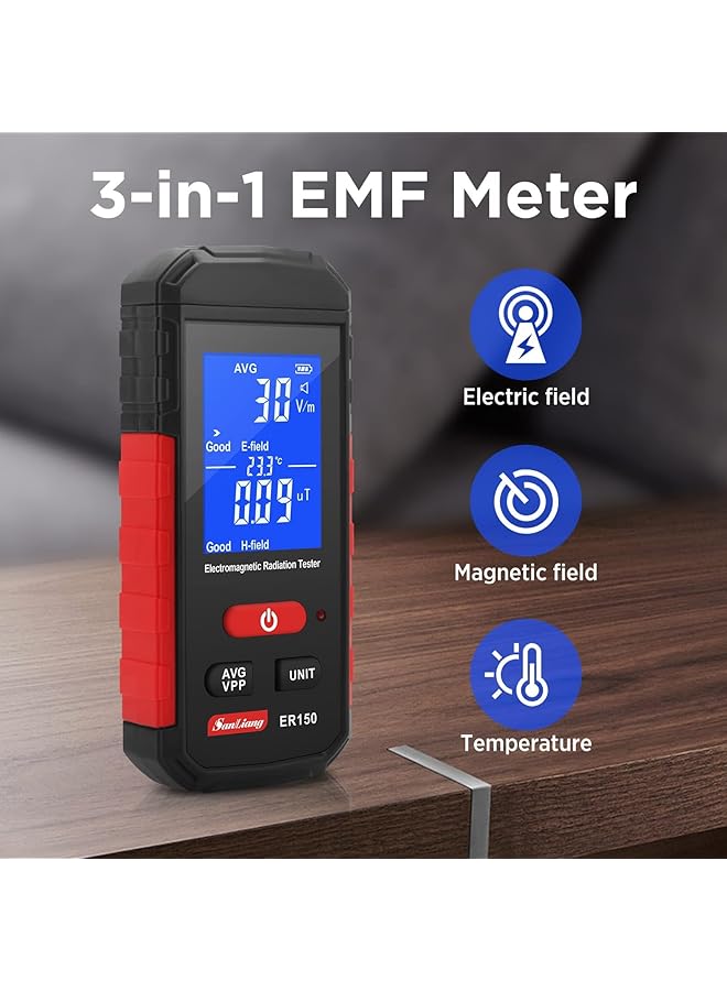 KASTWAVE Emf Meter, Portable Digital Radiation Detector, Handheld Emf Detector For Home/Outdoor, Electric/Magnetic Field/Ghost Detector - Led Light & Sound Alarm Black (1-1999V/M, 0.01-99.99Μt) - Image 3