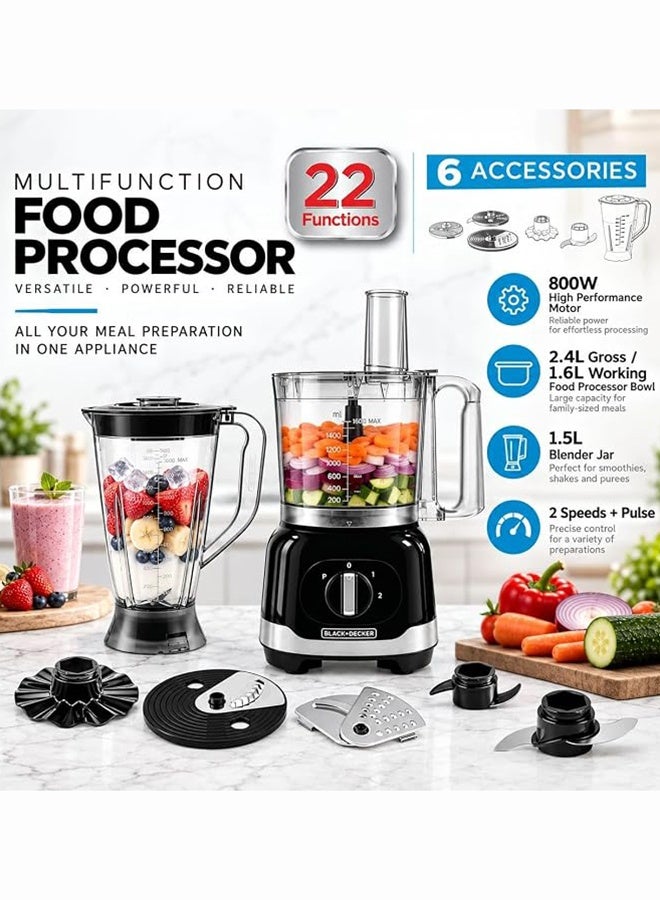 بلاك اند ديكر BLACK+DECKER Multifunction Food Processor, 800W, 2.4L Family-Size Bowl, 1.5L Blender, Stainless Steel Blades, 2 Speeds with Pulse, FX830-B5 2.4 L 800 W FX830-B5 Black with Stainless Steel Accents - Image 4