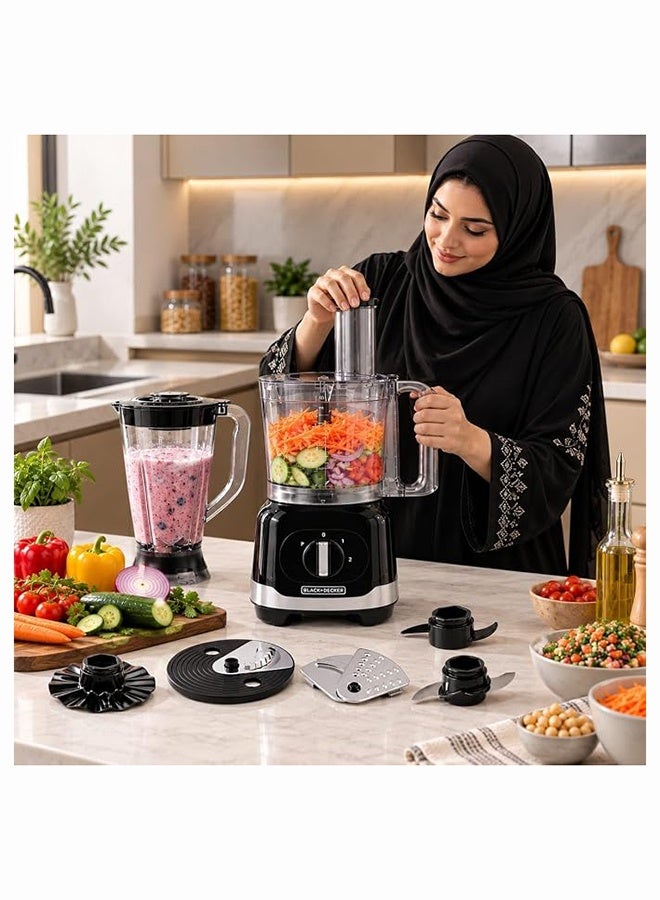 بلاك اند ديكر BLACK+DECKER Multifunction Food Processor, 800W, 2.4L Family-Size Bowl, 1.5L Blender, Stainless Steel Blades, 2 Speeds with Pulse, FX830-B5 2.4 L 800 W FX830-B5 Black with Stainless Steel Accents - Image 2