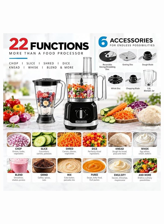 بلاك اند ديكر BLACK+DECKER Multifunction Food Processor, 800W, 2.4L Family-Size Bowl, 1.5L Blender, Stainless Steel Blades, 2 Speeds with Pulse, FX830-B5 2.4 L 800 W FX830-B5 Black with Stainless Steel Accents - Image 3