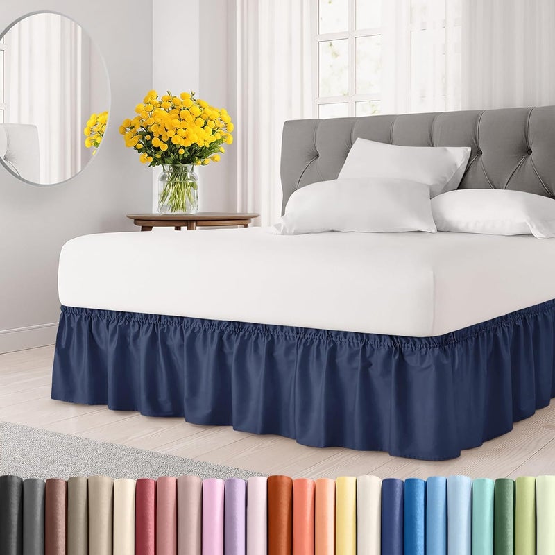 Bed Skirt,1 Piece Dark Blue Elastic Skirt Queen Size,Dust Ruffle Size for Queen,15inch (38cm) Drop Length–Neatly Covers Base & Decor Bedroom
