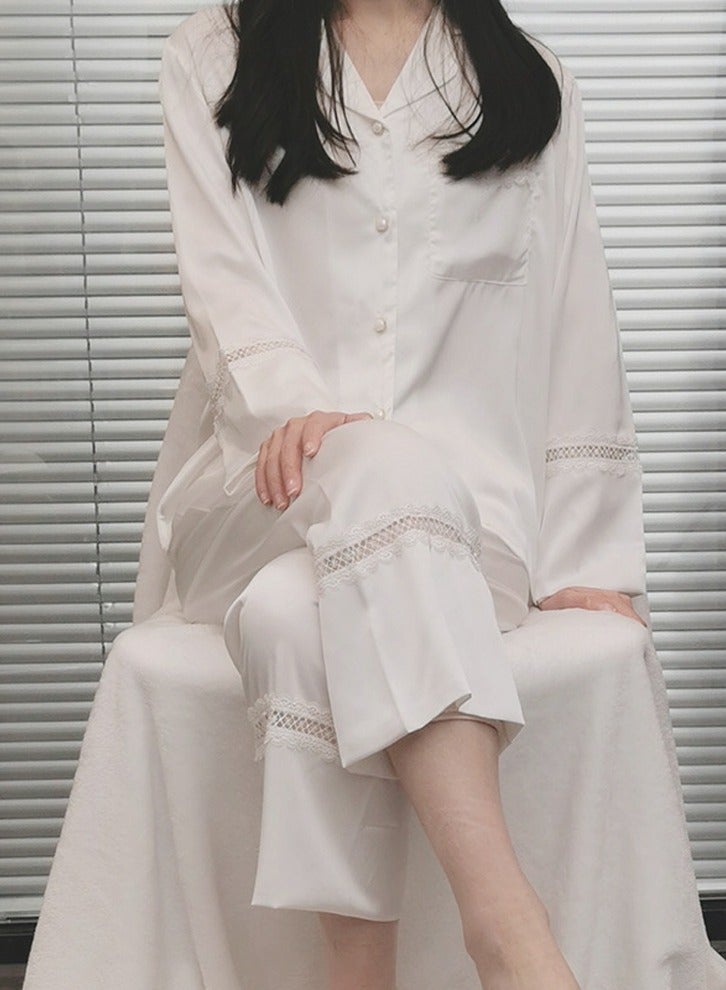 Loquat Women's Solid Color 2-Piece Set Loose Nightgown Sleepwear Long Sleeve Lace Stitching Lapel Top And Pants Soft Loungewear Wear Warm Pajamas Suit White  - Image 1